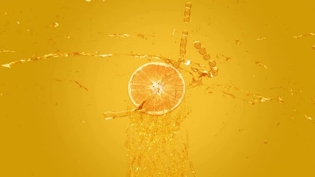 Splash Fresh Orange Juice. Explosion Orange juice liquid with Orange fruit on orange gradient background. 3D Render. 4k render. Alpha, Luma matte included.