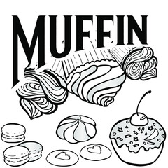 Hand drawn vector sticker pack with piece of cake, macaroons, biscuits, cupcake and lettering. Good for cafe, coffee shop, bakery or confectionery