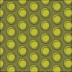 Yellow and black circles seamless pattern on dark green background. Polka dot pattern.