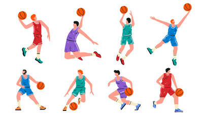 Set of basketball players isolated on white background in cartoon flat style. 