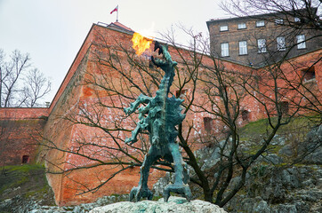 Poland. Krakow. Sculpture Wawel Dragon in Krakow. February 21, 2018