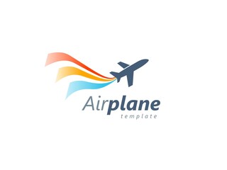 Airplane logo blue takeoff stripes colored flag