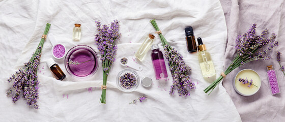 Lavender oils serum lavender flowers on white. Skincare cosmetics products. Set natural spa beauty...