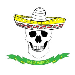 Dia de muertos banner. Skull in sombrero hand drawn graphic ink sketch stock vector illustration for web, for print