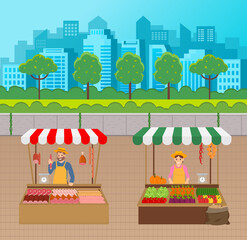 Outdoor marketplace. Sellers under tents with products at urban background with silhouette of city urban buildings. Open street market. Selling meat products, fresh vegetables. Farmers at fair