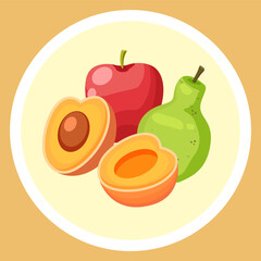 Natural fresh fruits in circle. Red apple, green pear, cutted apricot. Sweet dessert. Organic products for fruit salad. Healthy eating, keeping diet. Summer fruits. Colorful web icon in cartoon style