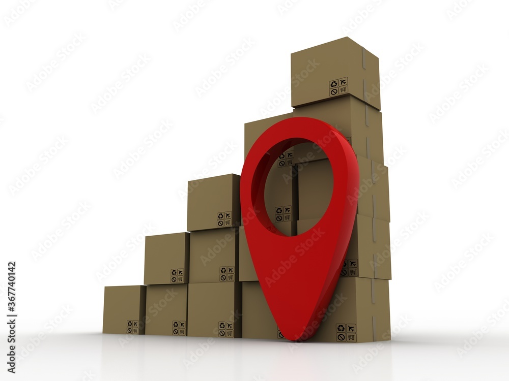 Fototapete 3d rendering red map pointer in card box