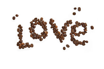 text Love of coffee beens on a white background