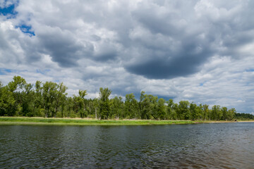 summer, day, walk, rest, travel, nature, landscape, beach, sand, river, water, glare, reflection, island, vegetation, trees, sky, clouds, distance, space, height, light, shadow, beauty, observations