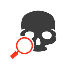 Skull with magnifying glass colored icon. Cranium research, bone structure of the head symbol