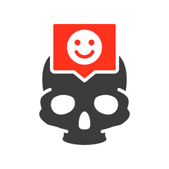 Skull with happy face in speech bubble colored icon. Bone structure of the head, cranium symbol