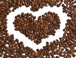 heart made of coffee beans isolated on white background