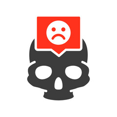 Skull with sad face in speech bubble colored icon. Bone structure of the head, cranium symbol