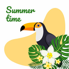 Poster with a Toucan and palm leaves with the inscription summer time.