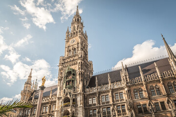 The Neue Rathaus (New Town Hall) is a magnificent neo-gothic building in Munich. Marienplatz is a central square in the city centre of Munich, Germany. It has been the city's main square since 1158