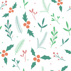 Fototapeta premium Winter floral pattern. Vector seamless pattern for Christmas, New year with botanical elements. Flat illustration. Decoration for gift wrapping paper, fabric, clothing, textiles, scrapbook.