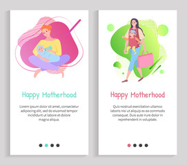 Mother feeding newborn, parent walking with child sitting in bag, portrait view of woman character with baby, mom caring, happy motherhood vector. Website or slider app, landing page flat style
