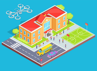 Fototapeta premium Quadcopter flying over school building, pupils in education place, bus and car going by road. Drone security, aerial control, modern wireless device with propeller, discovery innovation, gadget vector