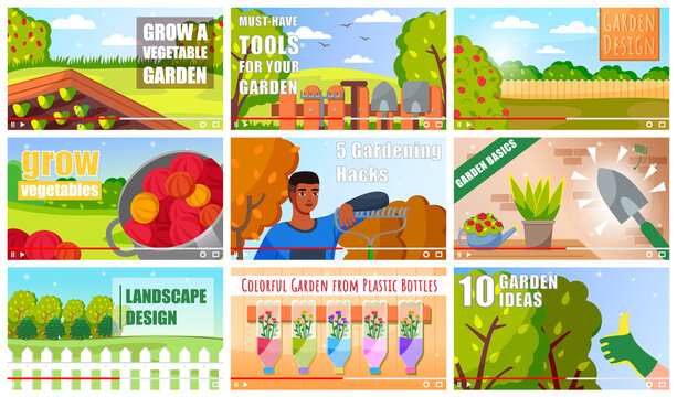 Garden vlog concept of vector video player interface. Set of video garden vlog tutorials for landscape design, ideas, colorful plastic bottles like a greenhouse. Screensaver education at distance