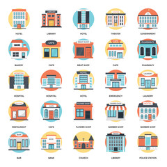 Flat Vector Icons Set of Buildings