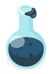 Flask with oil isolated at white, crude oil or petroleum inside medical bulb, oil storage. Petrol flask icon for web design, site, logo or app. Test tube with sample of oil for making experiments