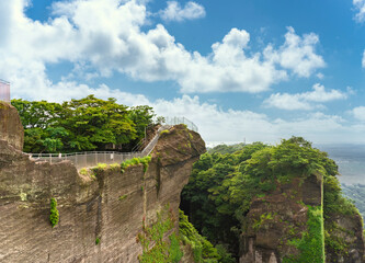 Cliffs of the ancient stone quarry of mount Nokogiri with an observatory jutting out over the void on a stunning panoramic vantage point overlooking the Boso Peninsula.