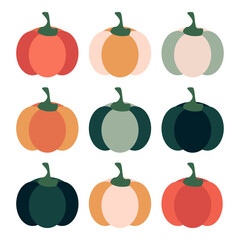 Flat pumpkin set isolated vector illustration. Graphic design element. Cartoon food collection for thanksgiving day. Fall celebration.