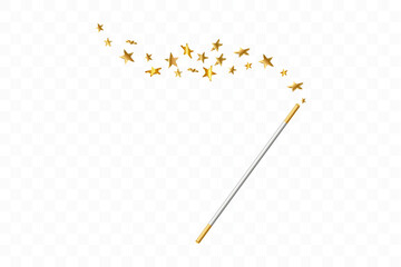 Magic wand with 3d stars on transparent background. Trace of gold dust. Magic abstract background isolated. Miracle and magic. Vector illustration.
