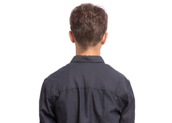 Rear view of portrait of teen boy in black shirt, isolated on white background. Child - back view.