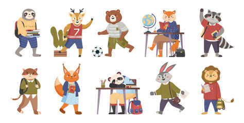 Animals students funny collection in cartoon. Smart animals students on education writing, reading books, pupils studying. Back to school set. Cute forest friends with books studying. Childish vector