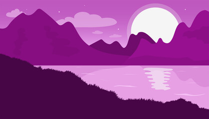 Abstract landscape with moon, mountains and lake. Vector illustration.