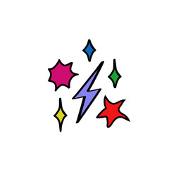 Sparkles lightning star logo icon sign Hand drawn Doodle colorful cartoon design style Fashion print for clothes apparel greeting invitation card badge banner poster party birthday flyer book websites