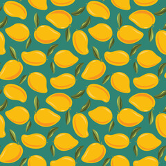 Mango pattern, texture or background vector seamless design. Tropical and exotic yellow and orange fruit illustration on turquoise, blue background. Whole and cut.