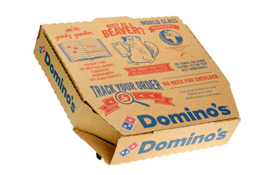 London, England - October 17, 2015: A Domino's Pizza delivery box. Domino's Pizza Inc, An American take away pizza chain founded in 1960