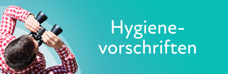 Naklejka premium Hygienevorschriften. Mann mit Fernglas aus Vogelperspektive. Beobachtung, Draufsicht, Panorama. Business Text auf blau. Statistik, Wirtschaft