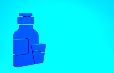 Blue Bottle of medicine syrup and dose measuring cup solid icon isolated on blue background. Minimalism concept. 3d illustration 3D render.