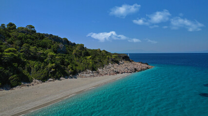 Aerial drone panoramic photo of famous turquoise paradise beach of Milia covered with pine trees, Skopelos island, Sporades, Greece