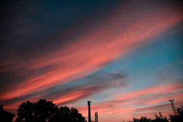 red sunset in the city. dark trees against a red-blue sky