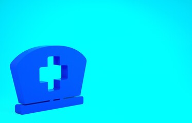 Blue Nurse hat with cross icon isolated on blue background. Medical nurse cap sign. Minimalism concept. 3d illustration 3D render.