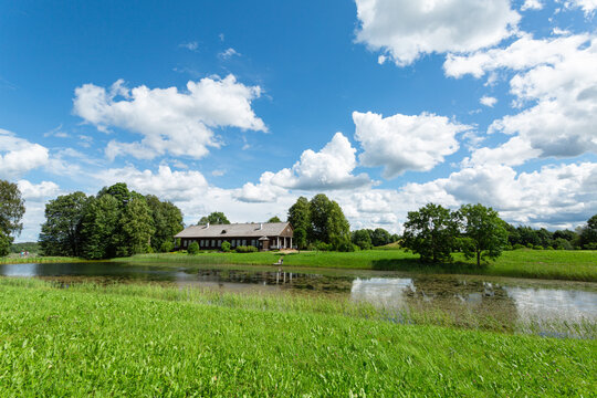 Summer landscape with lake and trees. Horizontal image.