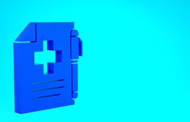 Obraz premium Blue Medical prescription and pen icon isolated on blue background. Rx form. Recipe medical. Pharmacy or medicine symbol. Minimalism concept. 3d illustration 3D render.