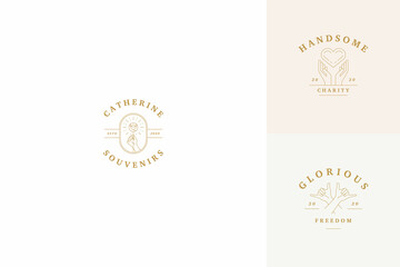Vector line logos emblems design templates set - female gesture hands illustrations simple minimal linear style