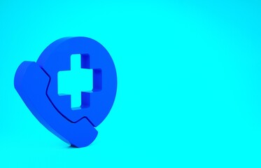 Blue Emergency phone call to hospital icon isolated on blue background. Minimalism concept. 3d illustration 3D render.