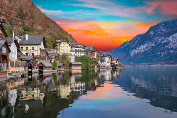 Fototapeta na wymiar Shot of Hallstatt village from lake surface in Austria