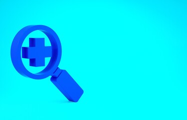 Blue Magnifying glass for search medical icon isolated on blue background. Hospital search. Minimalism concept. 3d illustration 3D render.