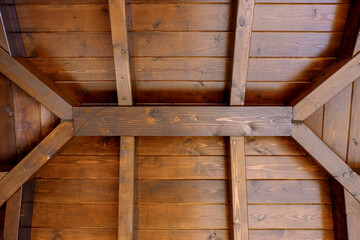 Detail shot of a roof structure from behind made from natural oak wood .