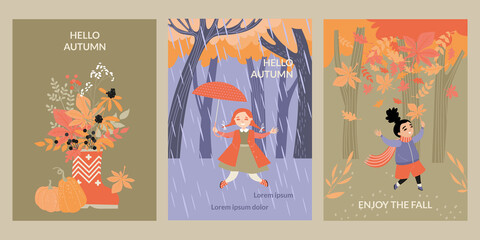 Set of vector cards with happy children having fun on the background of the autumn forest and a bouquet of red and orange leaves. Enjoy the fall.