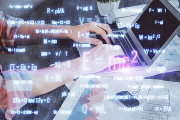 Science formula hologram with man working on computer on background. Education concept. Double exposure.