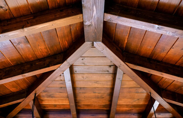 Detail shot of a roof structure from behind made from natural oak wood .