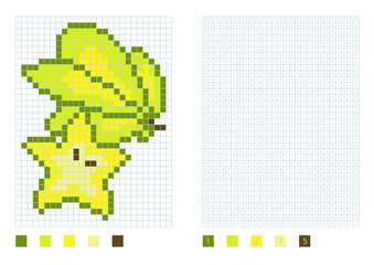 Pixel carambola in the coloring page with numbered squares, vector illustration